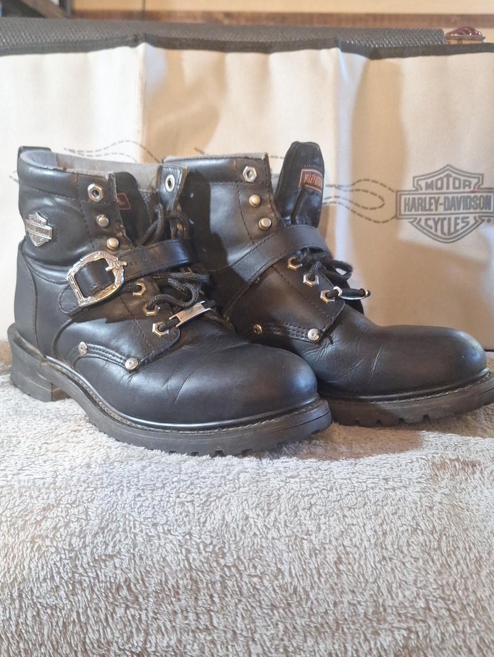 Harley-Davidson Women's Black Leather Motorcycle Lace-Up Boots with Buckle